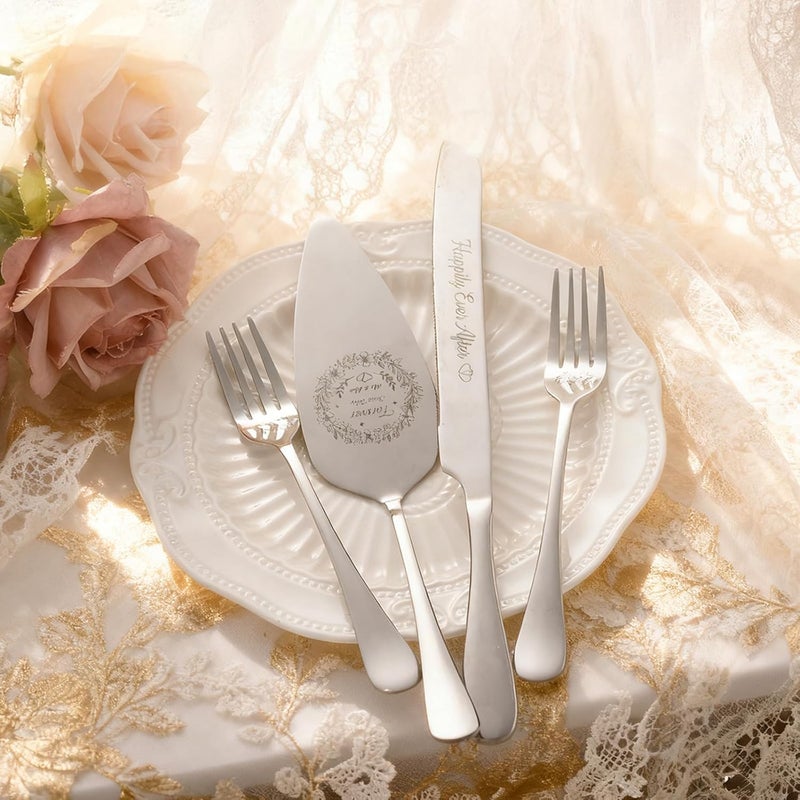kingump 4 Piece Wedding Cake Cutting Set, Knife and Server with Forks, Elegant Wedding Cake Knife and Server Set for Bride and Groom(Silver) - Image 5